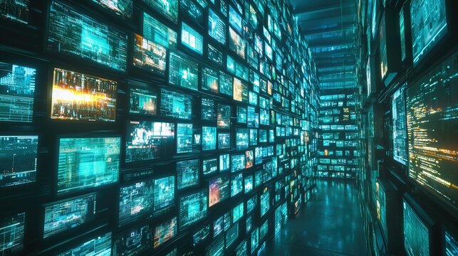 Digital Wall with Glowing Array of Data Screens and Visualizations