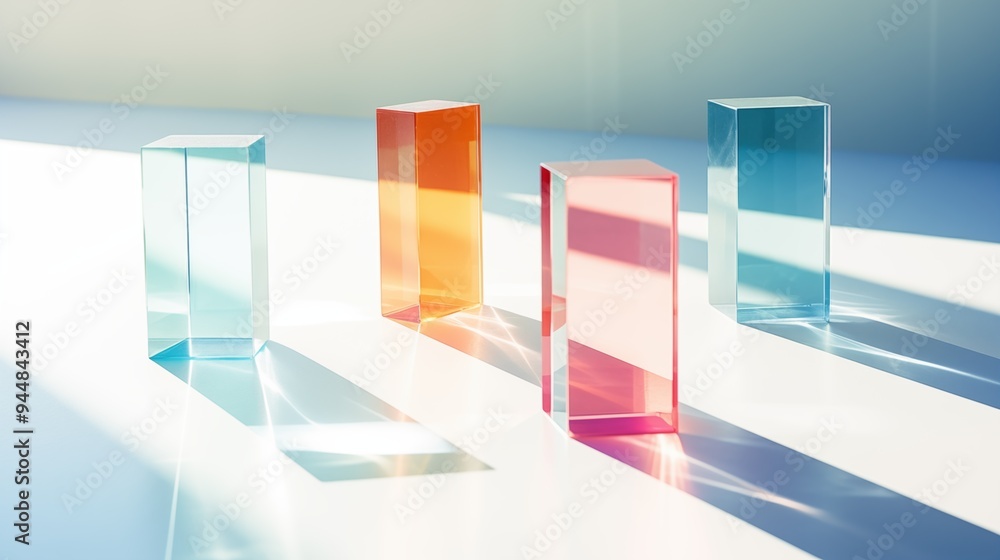 Poster four colorful transparent blocks in various shapes casting shadows on a white surface, illuminated b