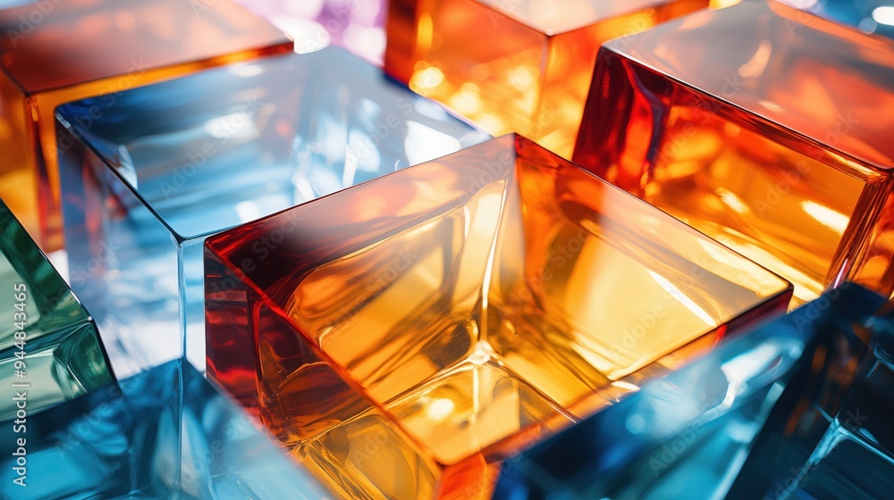 Poster colorful transparent cubes arranged in a dynamic pattern, showcasing reflections and light play. the