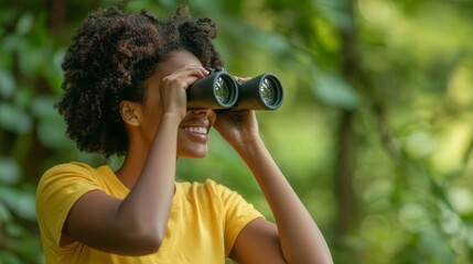 A joyful woman with dark skin and short curly hair, wearing a yellow t-shirt, gazes through binoculars in the forest, enjoying nature's beauty