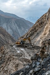 Excavator on a mountainous site, navigating steep terrain. The mountains tower above