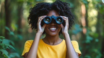 A young woman with dark skin and short curly hair, wearing a yellow t-shirt, enjoys birdwatching in the forest, her smile captured as she looks through binoculars