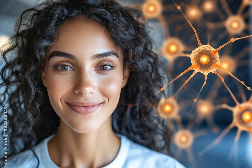 Poster close up of a woman with a glowing neural network on her face symbolizing the intricate connection o
