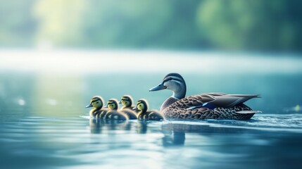 A peaceful scene of a mother duck and her ducklings gliding over the blue surface of a lake