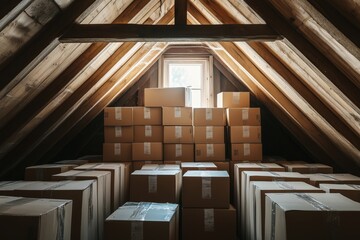Dusty Attic: Boxes stacked high in a cluttered attic. Sunlight streams through a small window, casting long shadows on the dusty floor.  