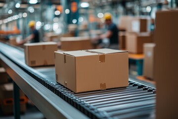 Streamlined Logistics: A cardboard box glides along a conveyor belt in a bustling warehouse, embodying the efficiency of modern supply chains.  