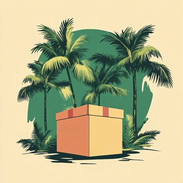 Tropical Gift Box: A delightful illustration of a closed gift box adorned with a red ribbon, nestled among lush palm trees against a vibrant green background. This image evokes a sense of tropical par