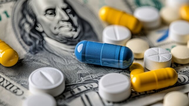 A dollar bill covered with pills and tablets, illustrating the high cost of healthcare education in America