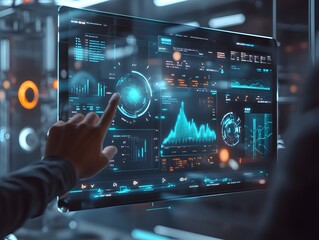 A high-tech digital AI interface featuring a futuristic touch screen. The screen is embedded in a sleek, transparent panel with holographic effect, displaying a variety of advanced data analytics  AI