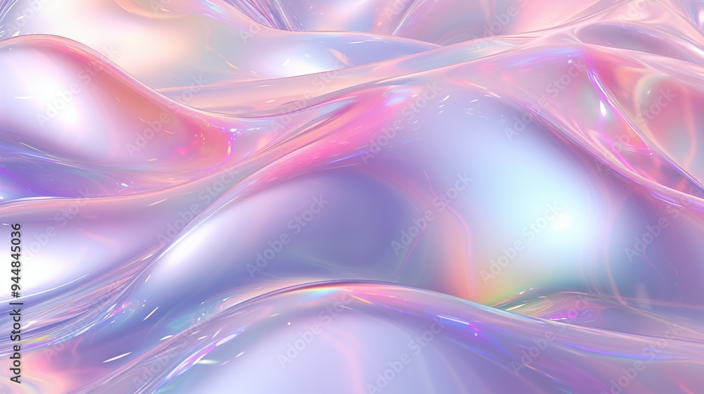 Poster iridescent surface with flowing, wave-like patterns in pastel colors. the texture appears glossy and