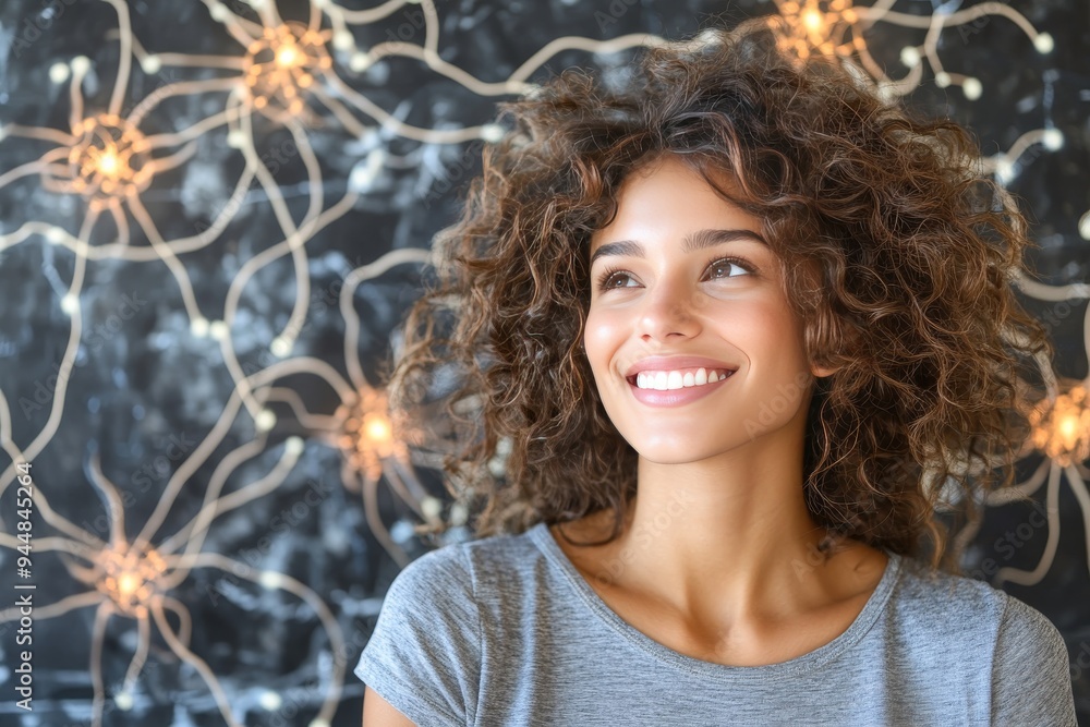 Poster portrait of a smiling woman with neural connections symbolizing the strength of intellectual curiosi