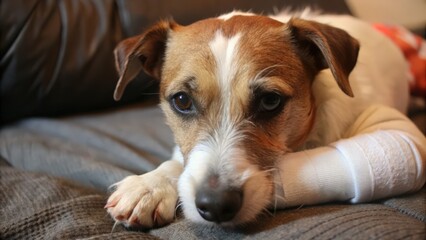 Obraz premium A Sad-Eyed Dog with a Bandaged Leg Resting on a Couch