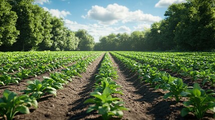 Fototapeta premium Organic vegetable garden, rows of growing plants, 3D illustration