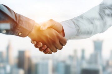 Handshake of two business people city town double exposure 