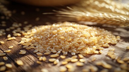 Obraz premium Organic wheat grains, scattered on rustic surface, 3D illustration