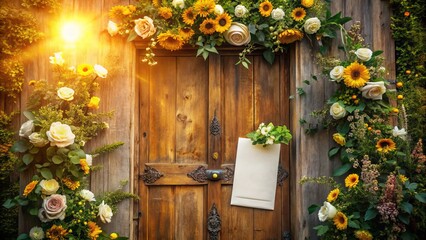 golden sunrise border framing elegant handwritten invitation on rustic wood door amidst blooming flowers evoking warmth and exclusivity