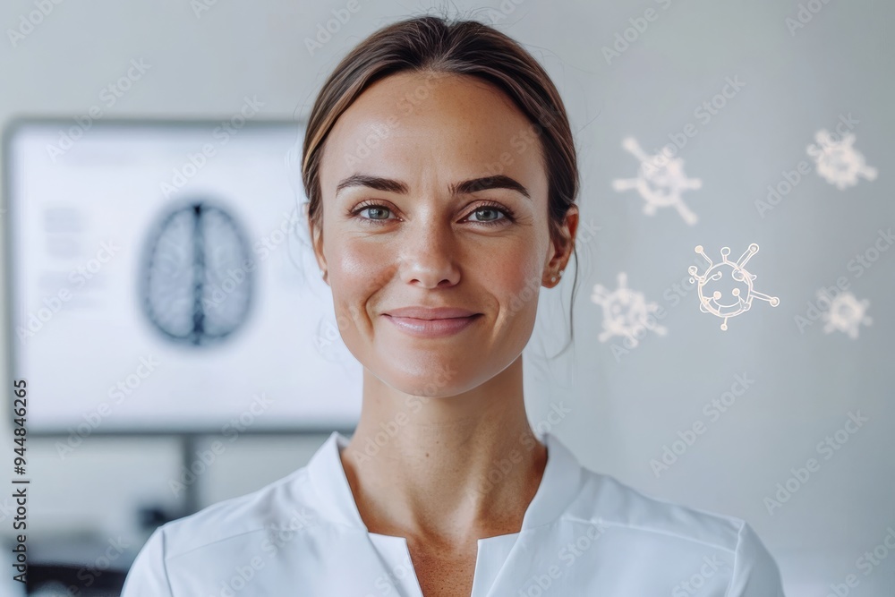 Poster portrait of a confident woman in a clinical setting with neural connections in the background symbol