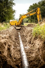Excavator on a rural site, digging a trench for a pipeline. The area is quiet and isolated