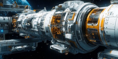 a space station module, with docking ports and intricate life support systems highlighted
