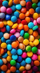 Obraz premium A vibrant assortment of colorful round candies scattered on a surface. The candies come in various shades including blue, pink, orange, green, and purple, creating a visually appealing pattern.