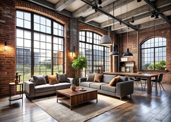 Industrial Brick Loft: Exposed brick, metal accents, large windows, monochrome colors, raw texture