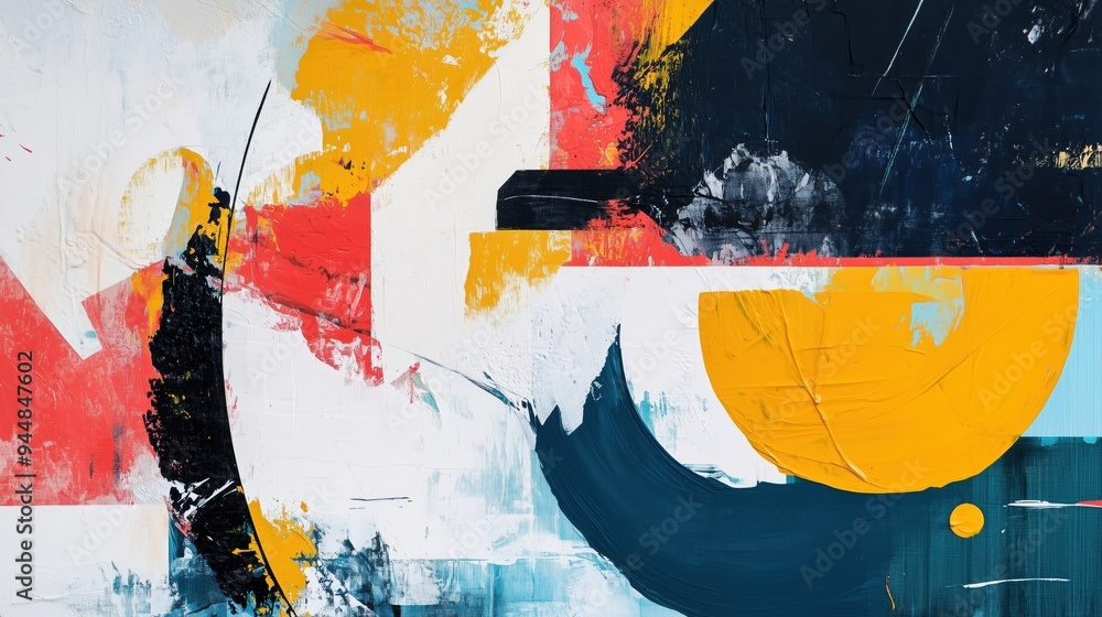Aufkleber an abstract painting featuring bold colors like yellow, red, black, and blue. the composition includ