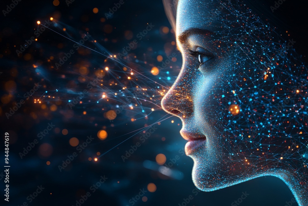 Poster digital art of a futuristic female profile surrounded by glowing data points representing artificial
