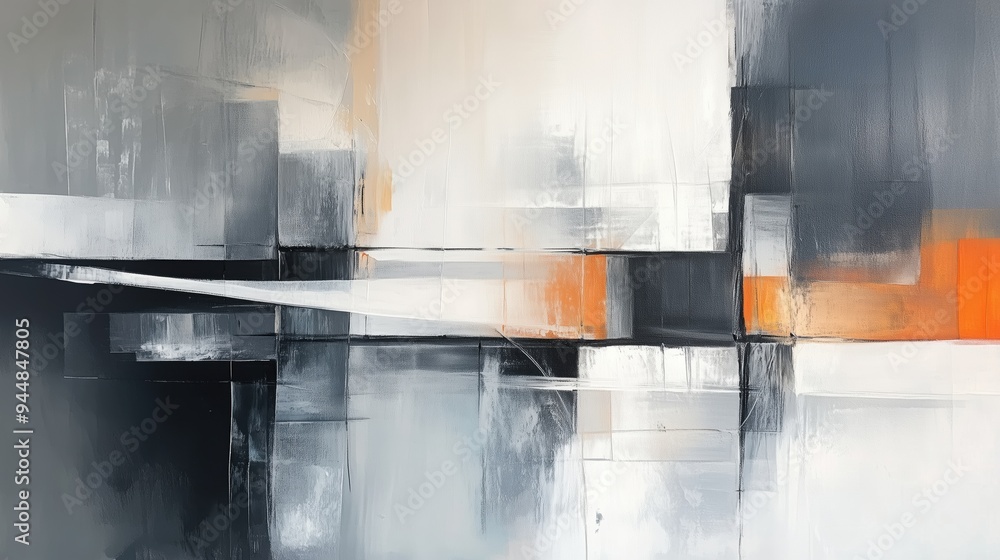 Poster an abstract painting featuring a blend of gray, white, and orange colors. the composition includes g