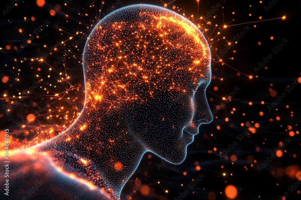 Poster abstract representation of a human figure surrounded by glowing neural networks illustrating the con