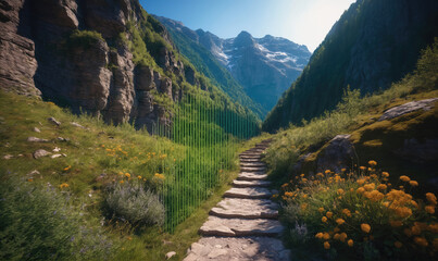 Fototapeta premium A stone path winds through a lush valley in the mountains on a sunny day