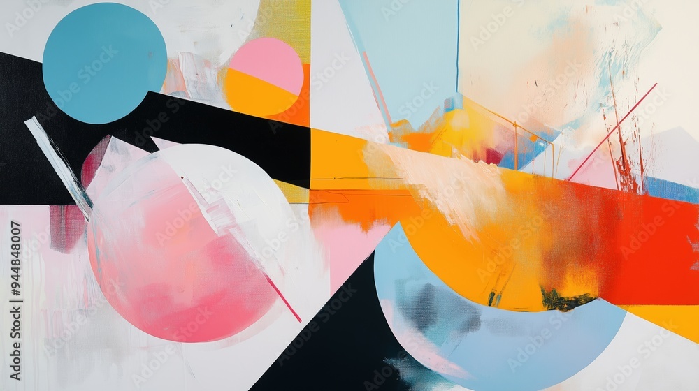 Poster an abstract painting featuring vibrant colors and geometric shapes. the composition includes large c