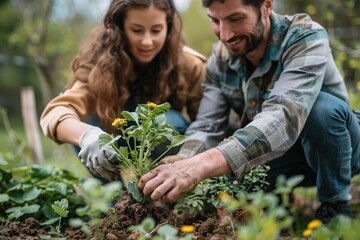 A man and a woman are planting a flower in a garden