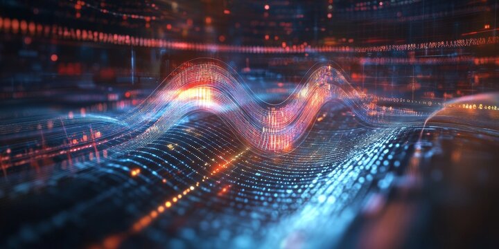 a quantum computer?s qubits entangling, with complex wave functions visualized in a digital interface