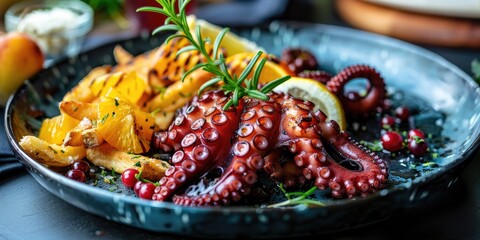 Charred octopus served with fries and fresh fruit on a Scandinavian-style plate
