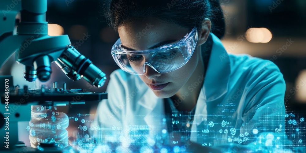 Aufkleber a scientist studying cells under a microscope, with digital overlays showing critical research data