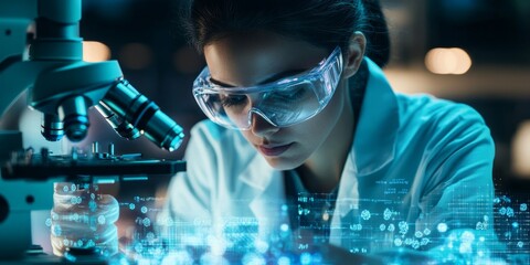 a scientist studying cells under a microscope, with digital overlays showing critical research data