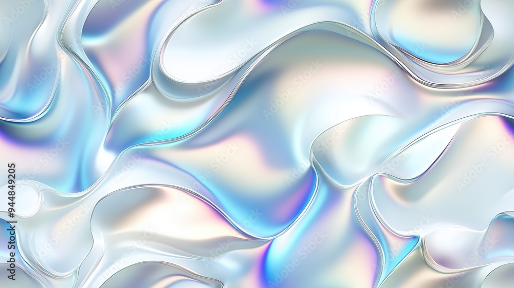 Poster a smooth, flowing abstract background featuring iridescent waves with soft pastel colors. the surfac