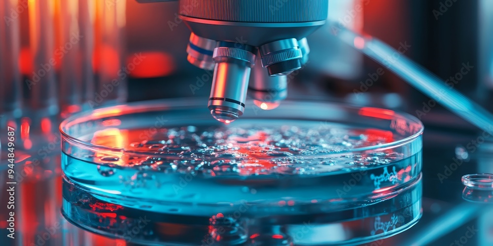 Poster an experiment in a petri dish under a microscope, with detailed cellular processes and lab tools hig