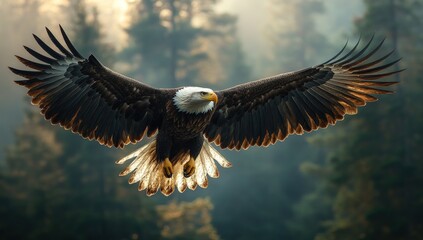 Obraz premium A majestic bald eagle glides through the air with its wings spread wide.