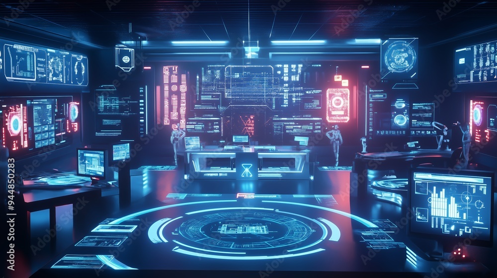 Aufkleber futuristic command center featuring advanced holographic displays and interactive interfaces at nigh