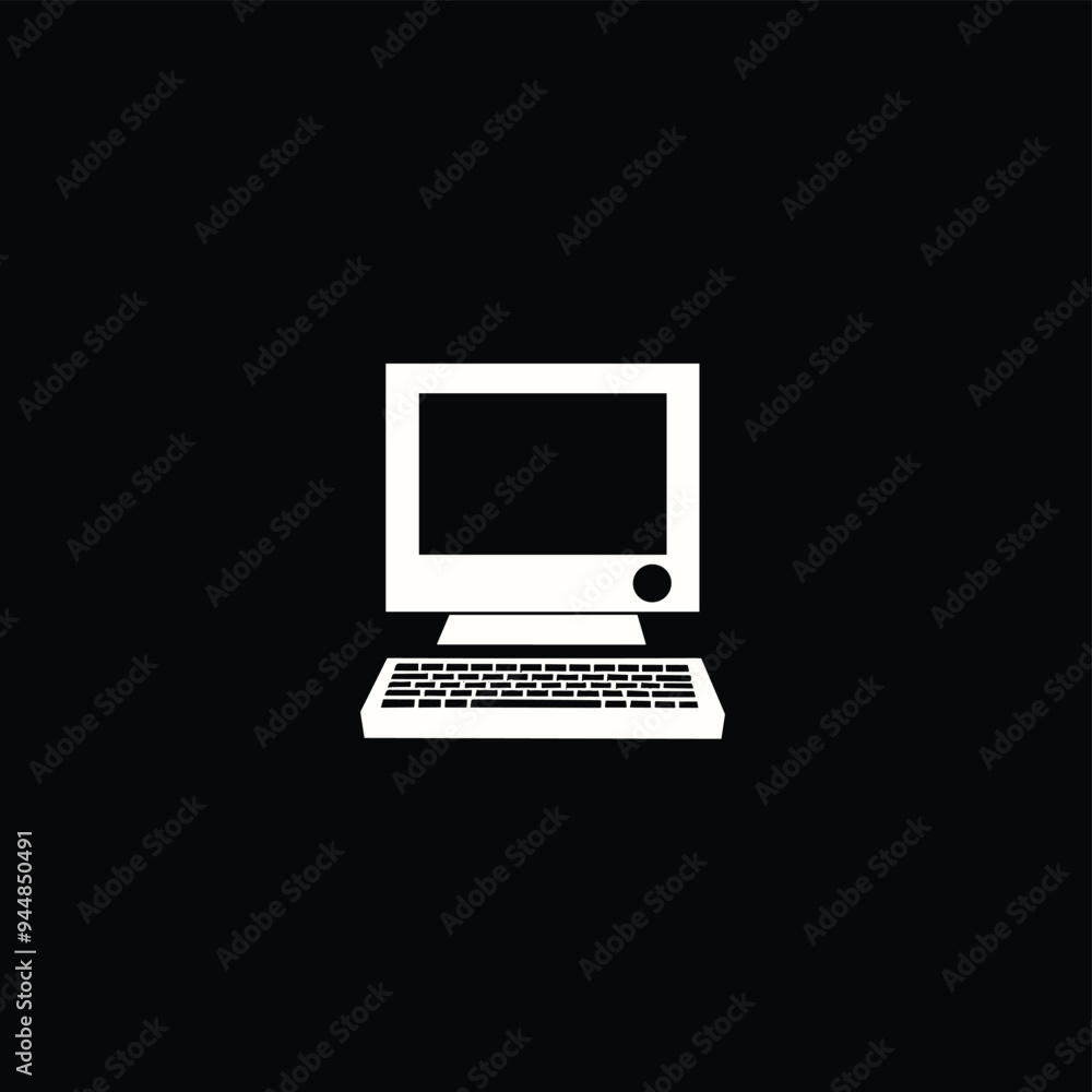 Poster minimalist icon of a vintage computer with a keyboard on a black background, featuring simple white 