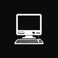 Fototapeta premium Simple icon of a desktop computer, including monitor, keyboard, and mouse, on a black background.