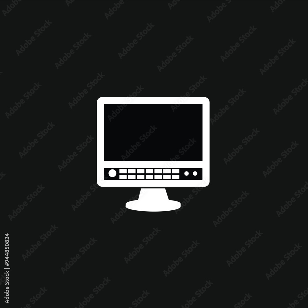 Poster minimalist black and white icon of a computer with a keyboard and monitor against a dark background.