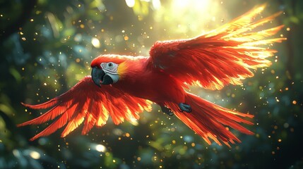 Scarlet Macaw Flying in Tropical Rainforest with Sunlight and Bokeh