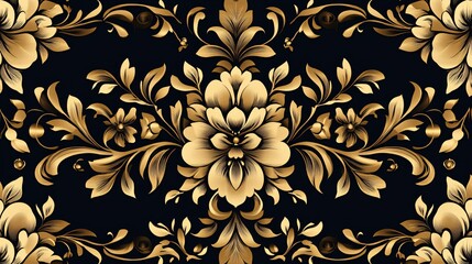 Elegantly designed gold floral pattern on a black background.