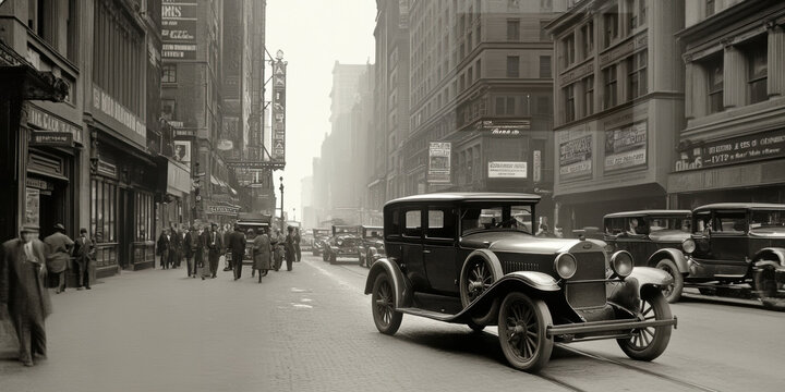 City streets in the 1920s, 1930s. AI generative.