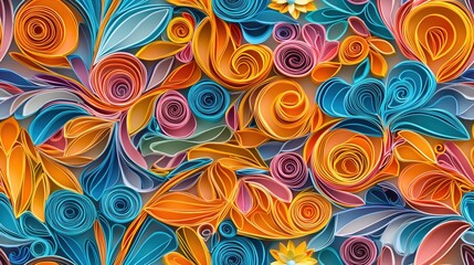 A vibrant and intricate arrangement of colorful paper quilling art featuring swirls, flowers, and leaves in shades of blue, orange, pink, and yellow.