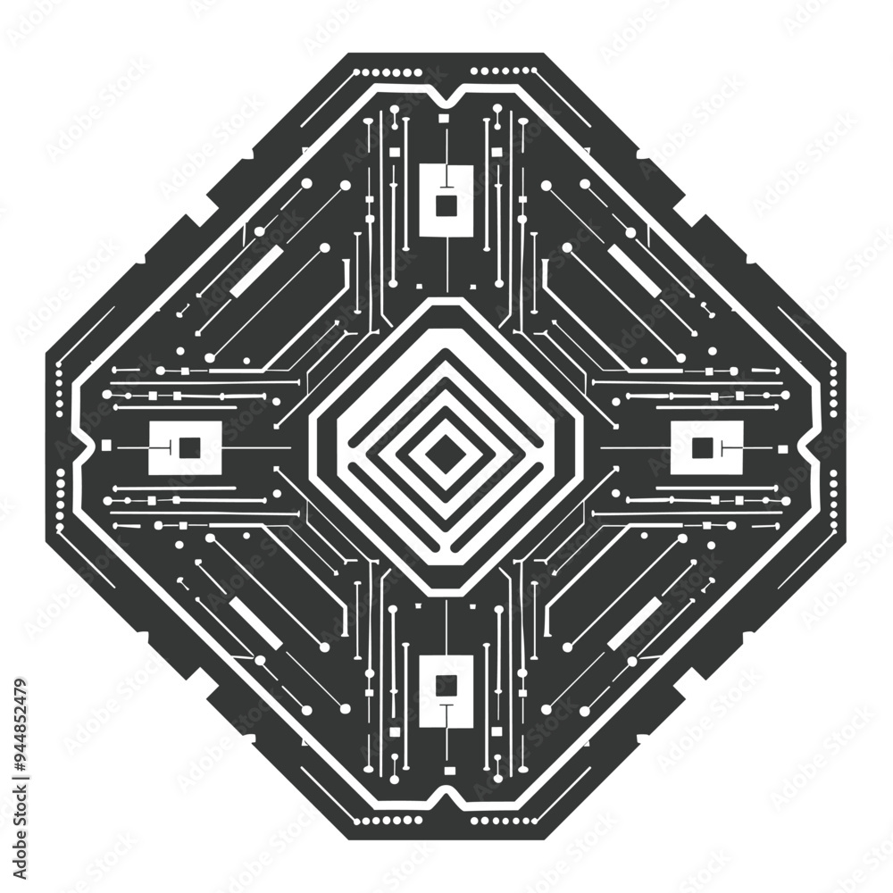 Poster abstract hexagonal circuit board with intricate electronic pathways and components on a white backgr