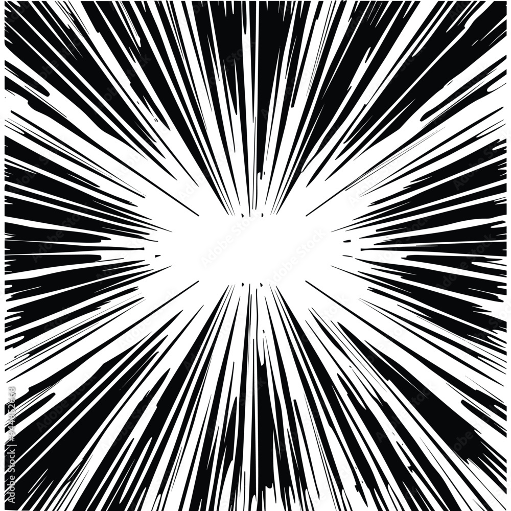 Poster dynamic black and white radial burst pattern creating a sense of energy and movement.
