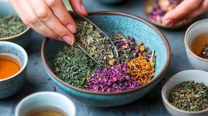 Hands Carefully Blending Fragrant Herbal Tea in Vintage Setting